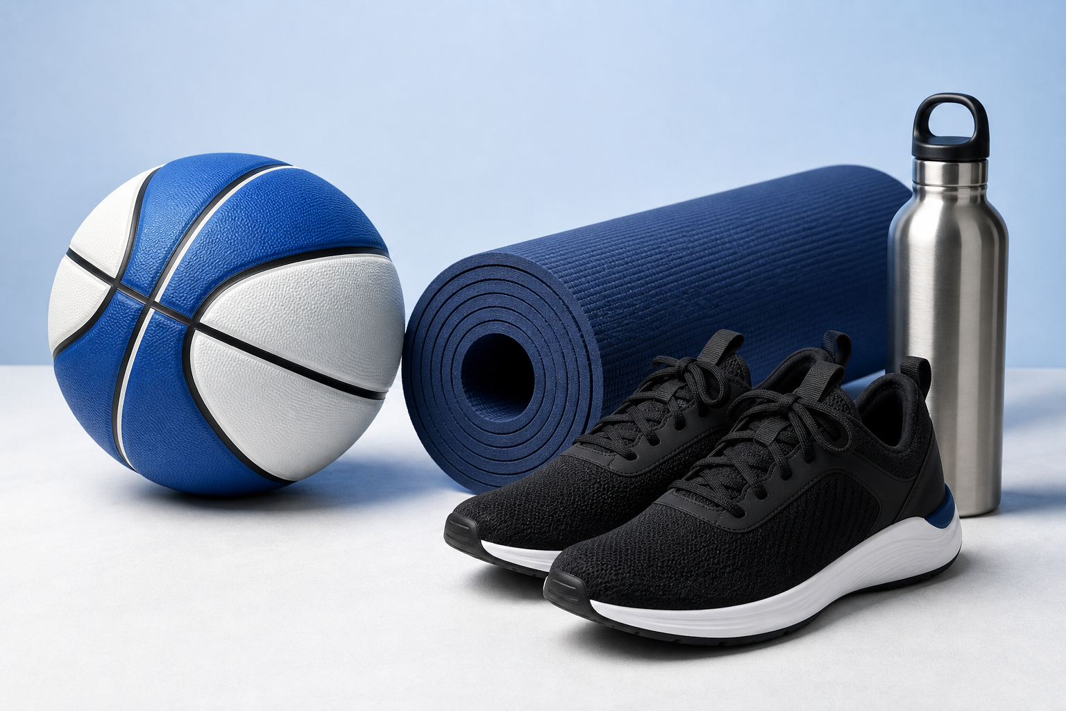 Collection of modern sports and recreation gear on a clean studio background