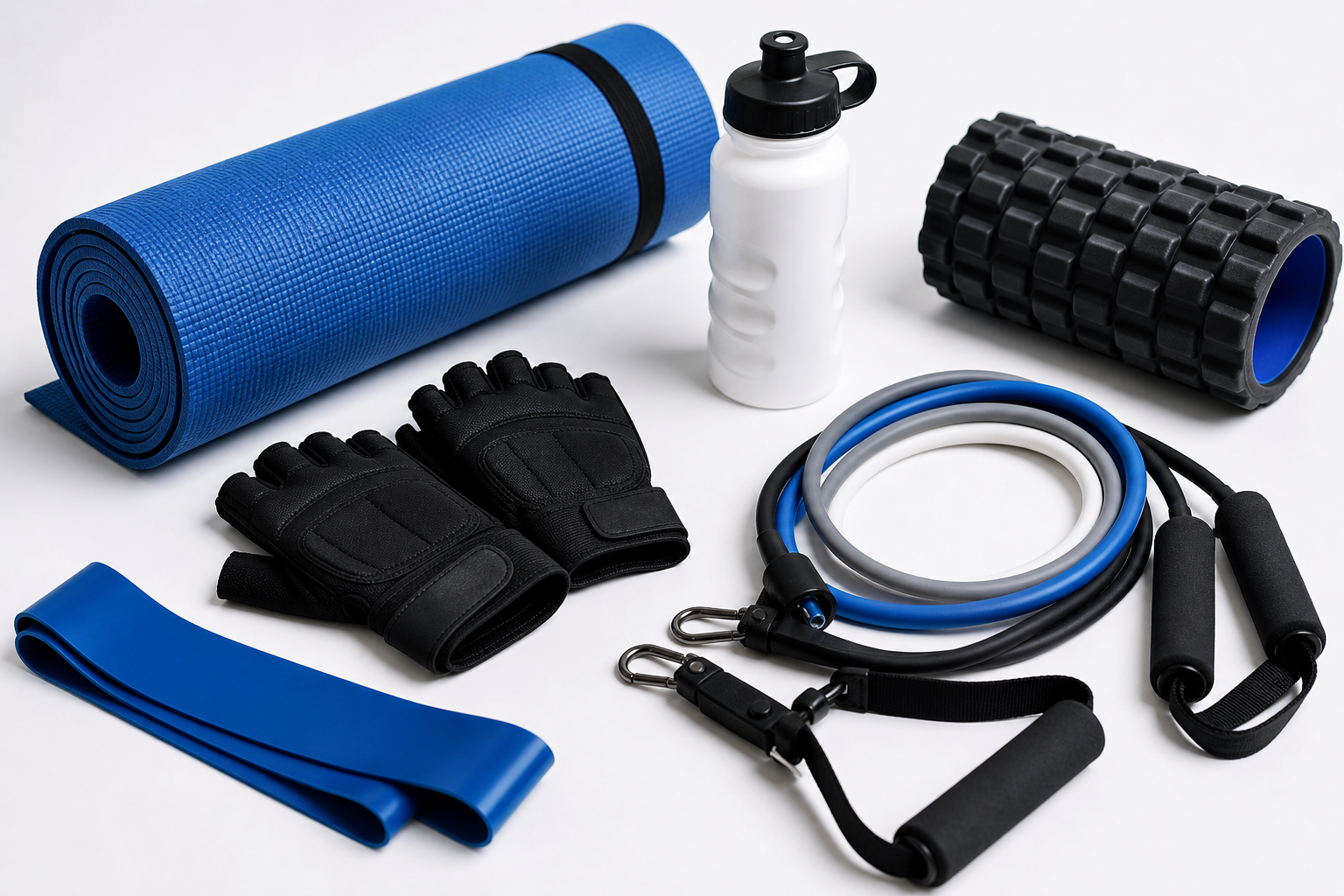 Assorted sports gear and recreational accessories neatly arranged on a clean studio surface