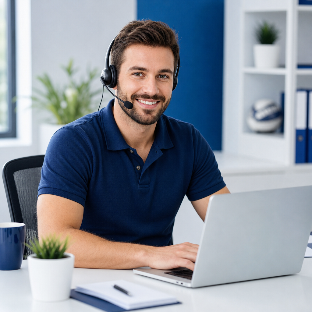 Smiling support specialist in a navy polo shirt using a headset at a modern desk
