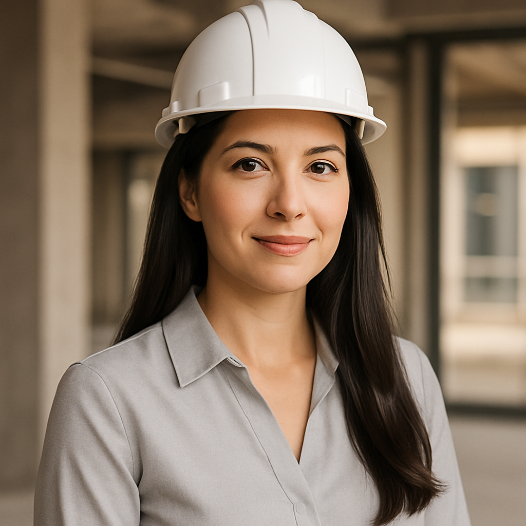 Portrait of a commercial property owner with long dark hair, wearing a white hard hat and light gray blouse