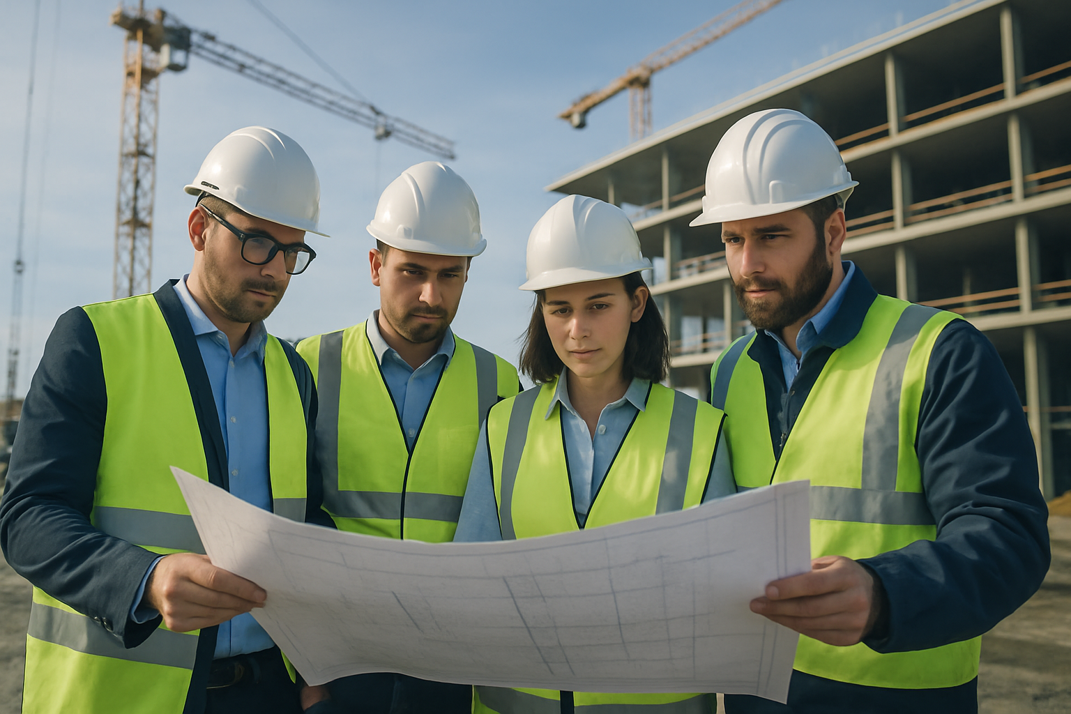 Construction team reviewing blueprints on an active build site