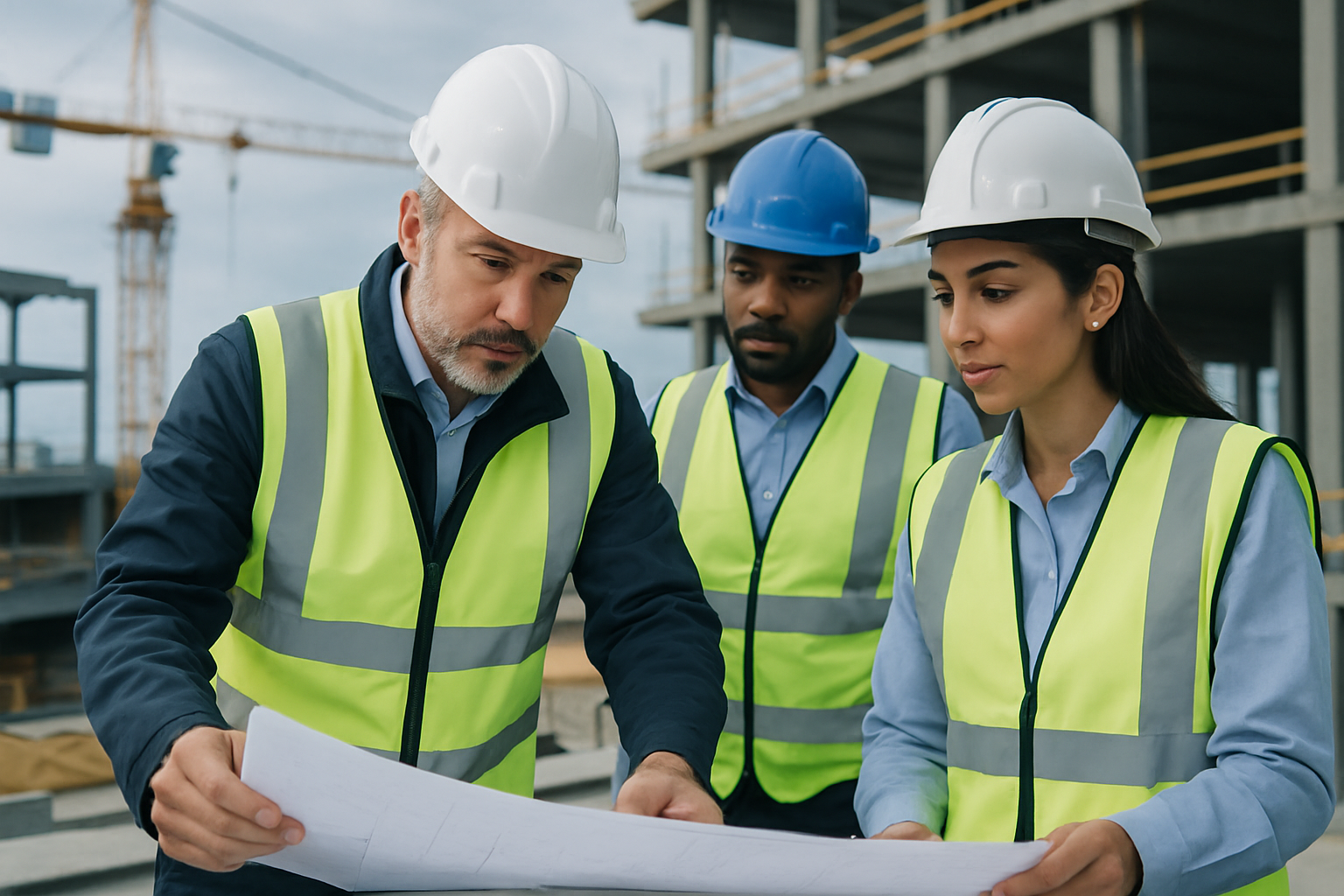 Construction supervisors and engineers reviewing plans on an active building site
