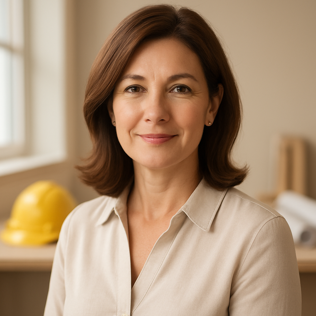 Portrait of a confident middle-aged homeowner with shoulder-length chestnut hair, wearing a light blouse