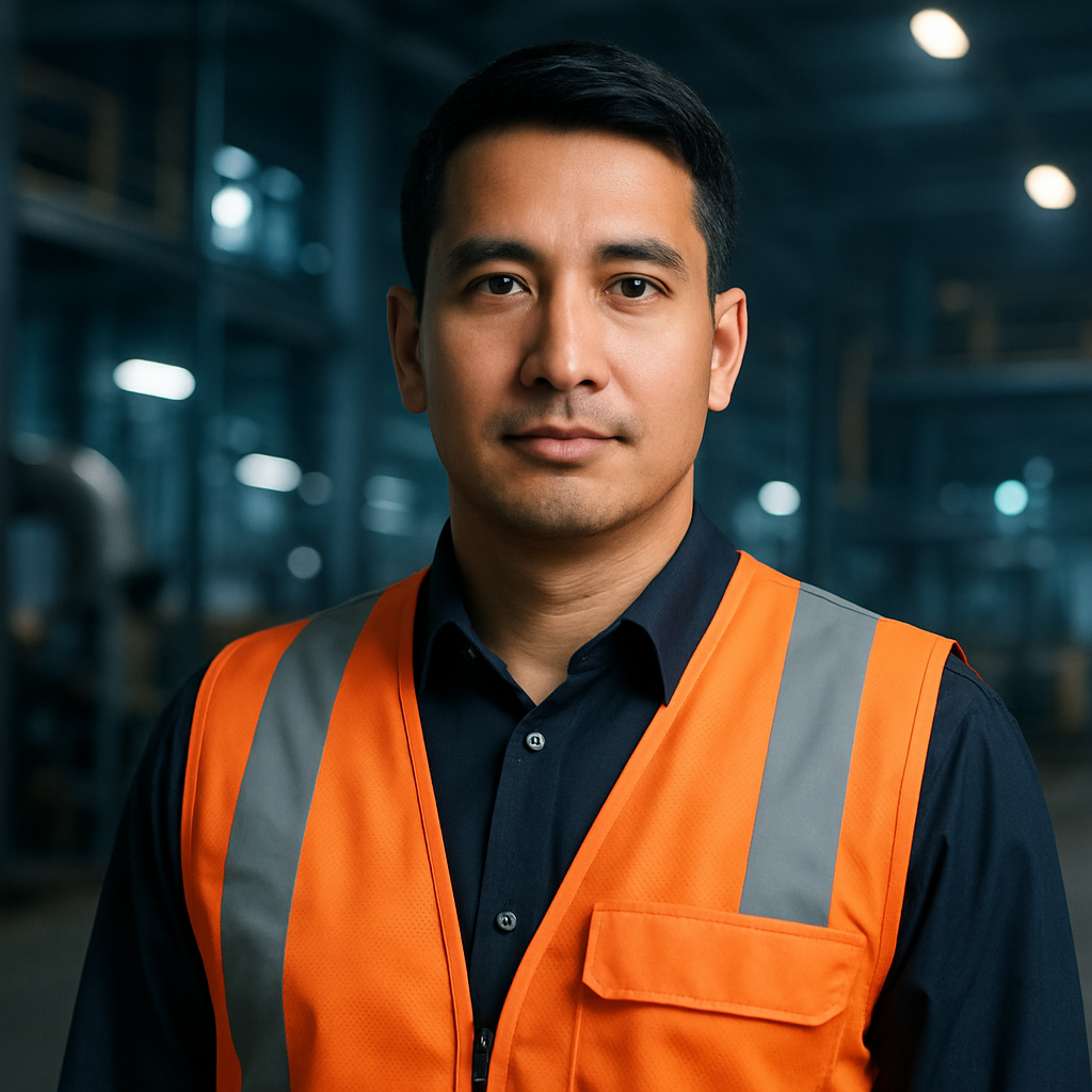 Portrait of an industrial operations manager with short black hair and a safety vest over a dark shirt