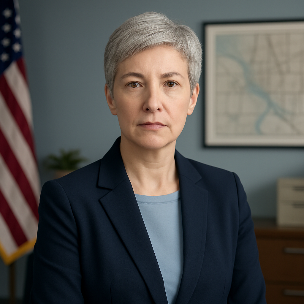 Portrait of a civic infrastructure director with short silver hair, wearing a navy blazer