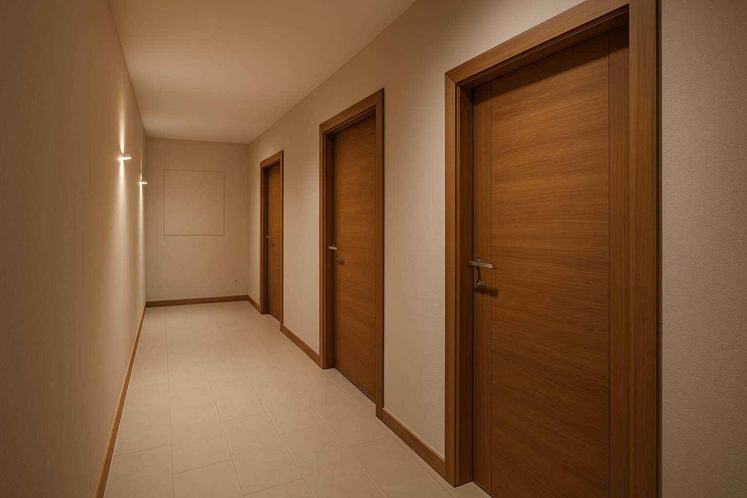 Contemporary apartment corridor featuring warm-toned WPC doors and soft lighting