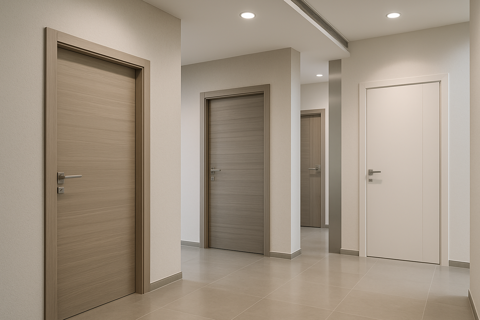 Modern showroom with multiple WPC interior doors displayed in a clean, architectural setting