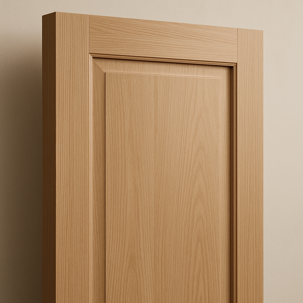 Close-up of a sleek WPC interior door panel in a light oak finish with clean edges and subtle grain texture