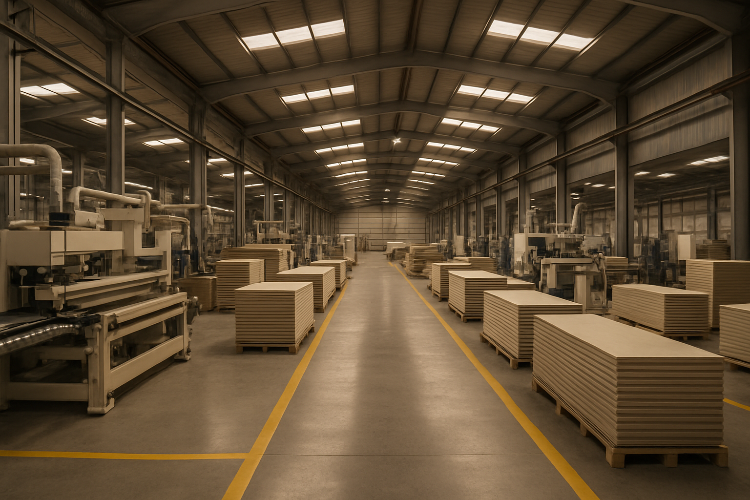 Wide-angle view of a modern WPC door factory floor with organized machinery lines, safety markings, and warm industrial lighting