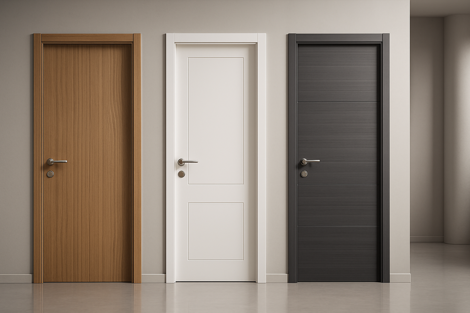 Elegant showroom view featuring three modern WPC interior doors in warm oak, matte white, and charcoal gray finishes with sleek metal handles