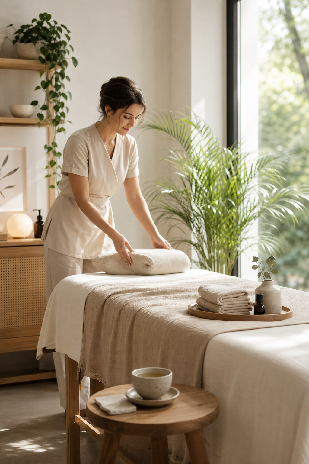 Sunlit wellness studio corner with a treatment table, linen textures, potted greenery, and a practitioner preparing a calm session