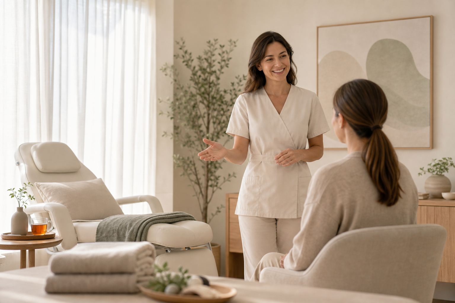 Serene wellness studio interior with natural light, soft textiles, and a practitioner welcoming a visitor