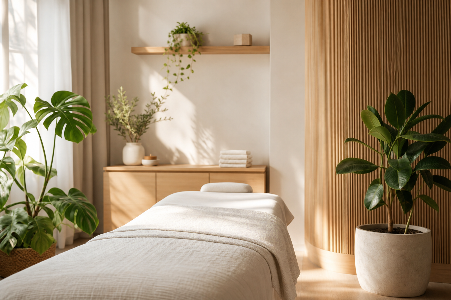 Sunlit wellness studio corner with a linen-covered treatment bed, leafy indoor plants, and soft natural wood details