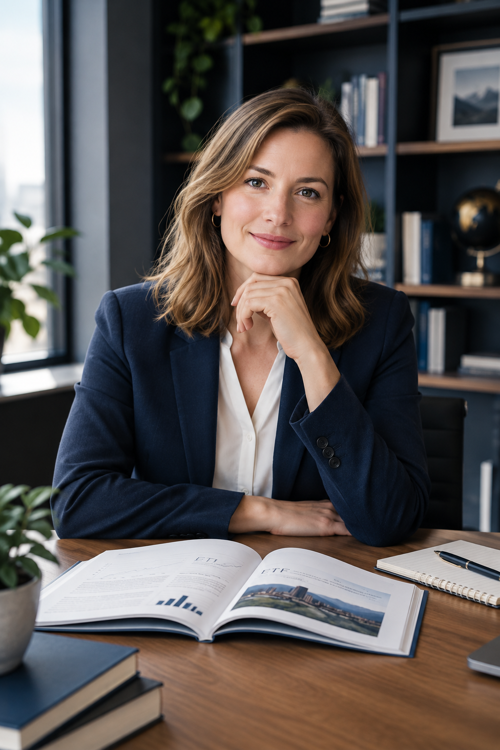 Calm professional ETF advisor seated at a wooden desk with open investment books and a notebook in a modern editorial office