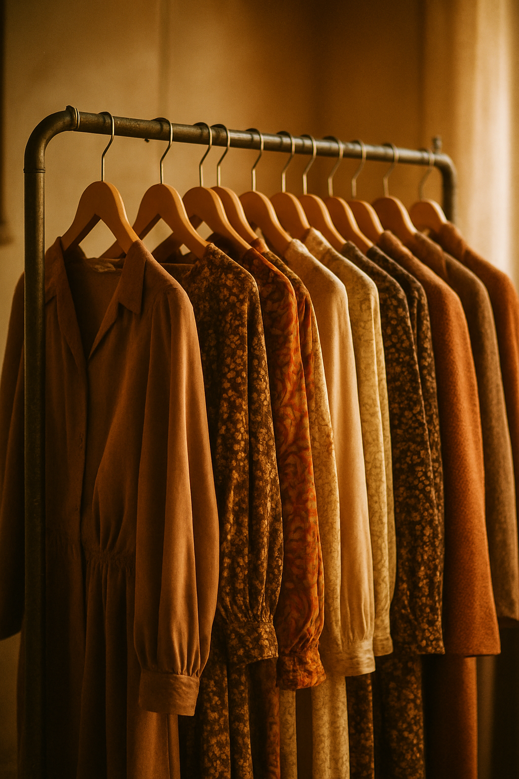 Warm editorial photo of a vintage boutique clothing rack