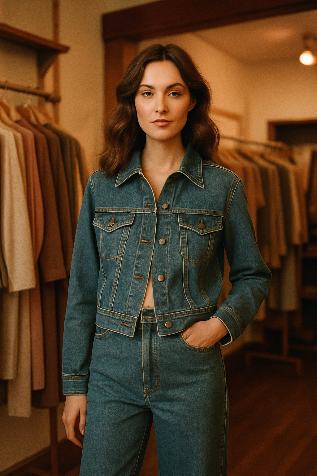 Model wearing a 1970s-inspired denim jacket and wide-leg trousers in a warm boutique setting