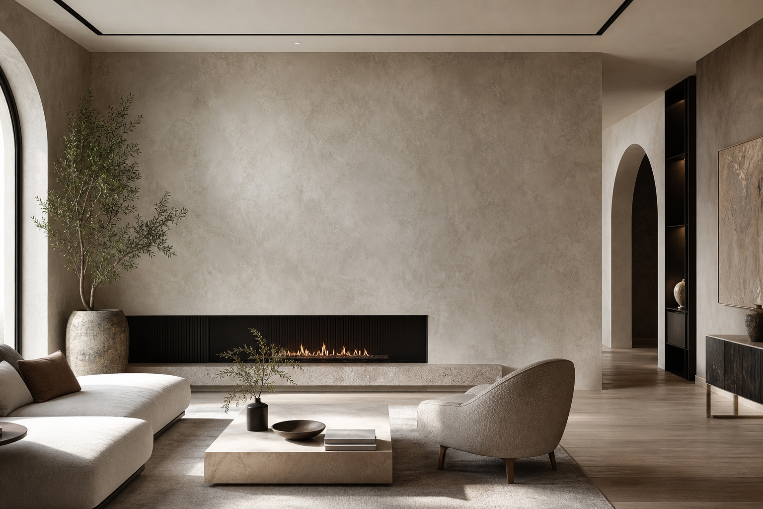 Wide architectural room scene with continuous mineral wall finish and minimalist built-in fireplace