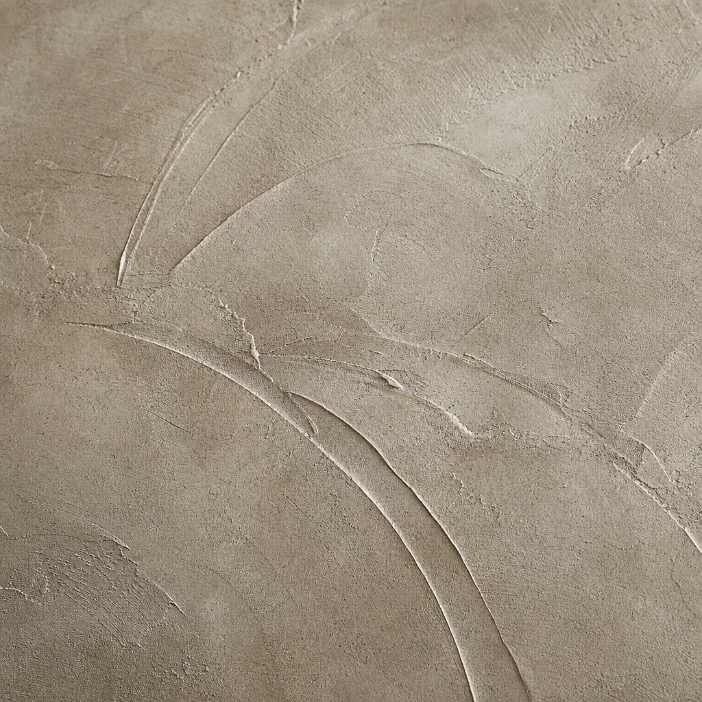 Close-up artisan texture with visible trowel marks, soft matte sheen, and multidimensional handcrafted depth