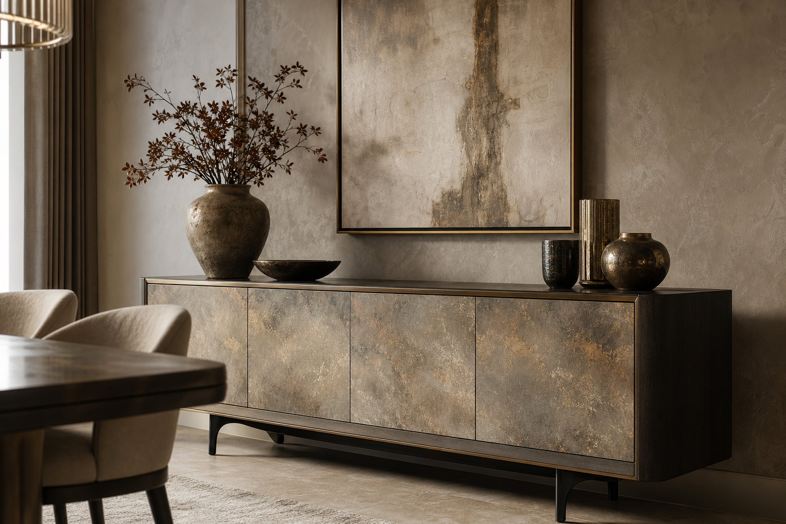 Custom decorative sideboard featuring artisanal plaster-like finish panels with subtle metallic undertones