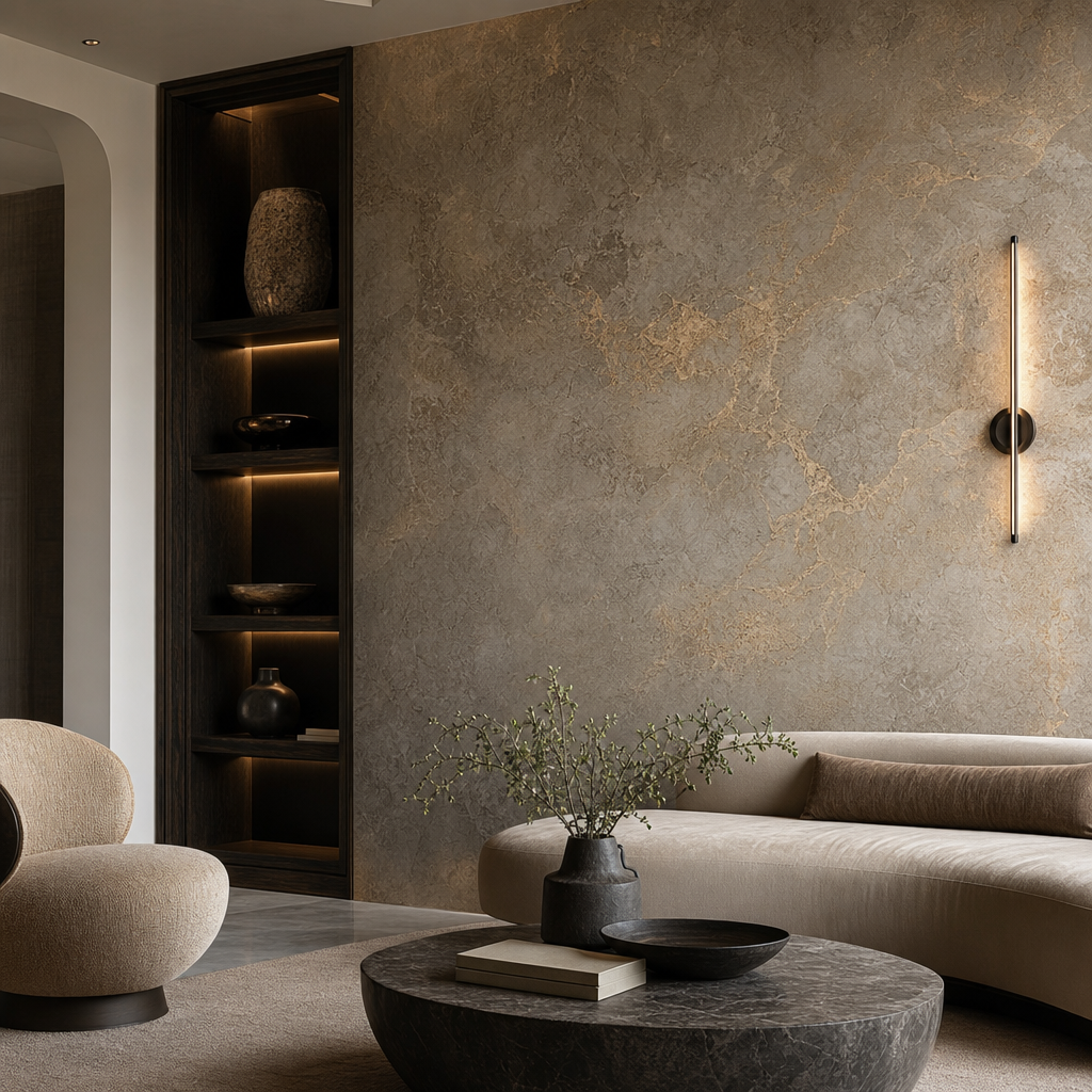 Decorative faux finish in a refined lounge, featuring layered stone-like effects and hand-burnished transitions
