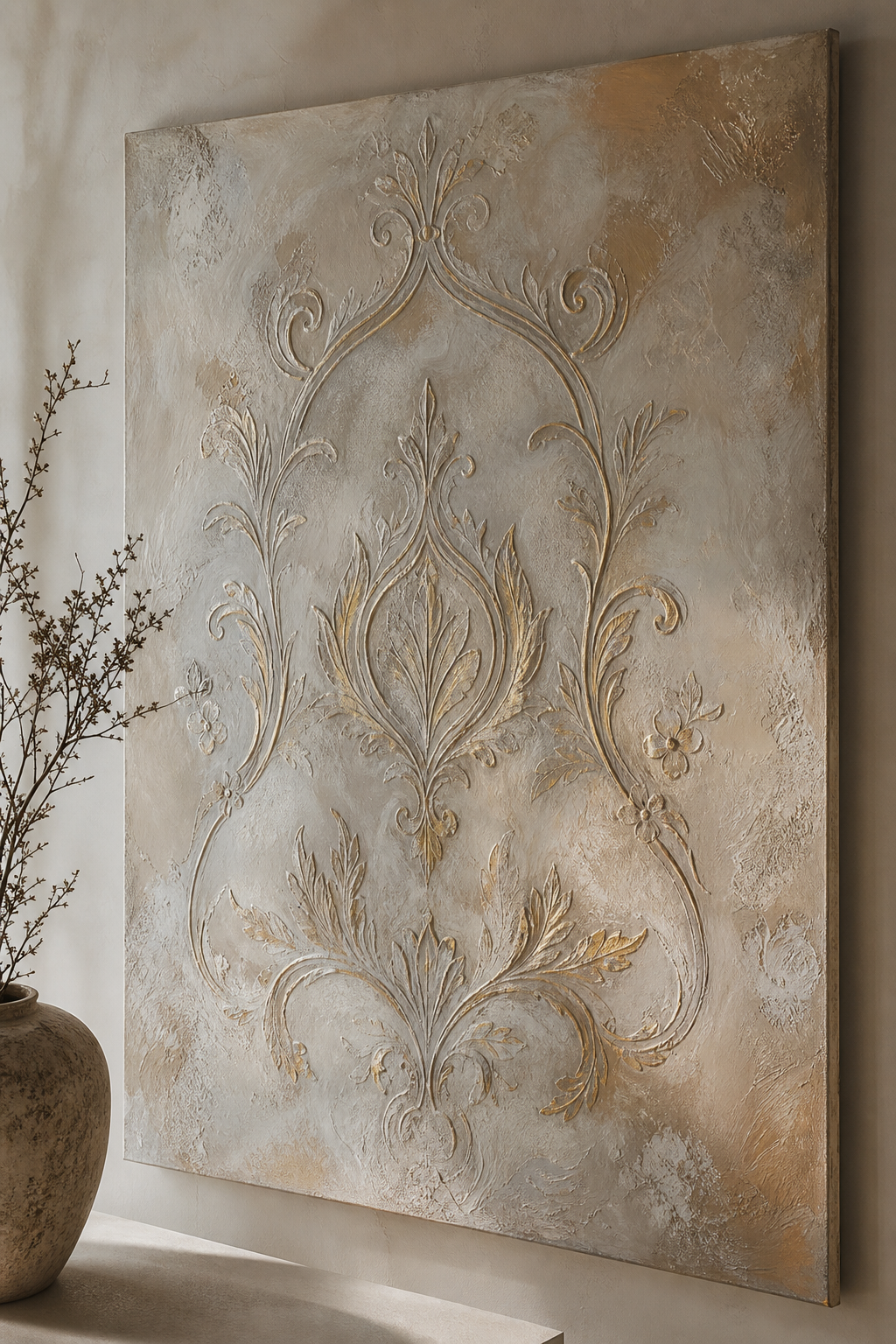 Decorative wall art panel with ornamental relief, hand-tinted pigments, and artisan brushed highlights
