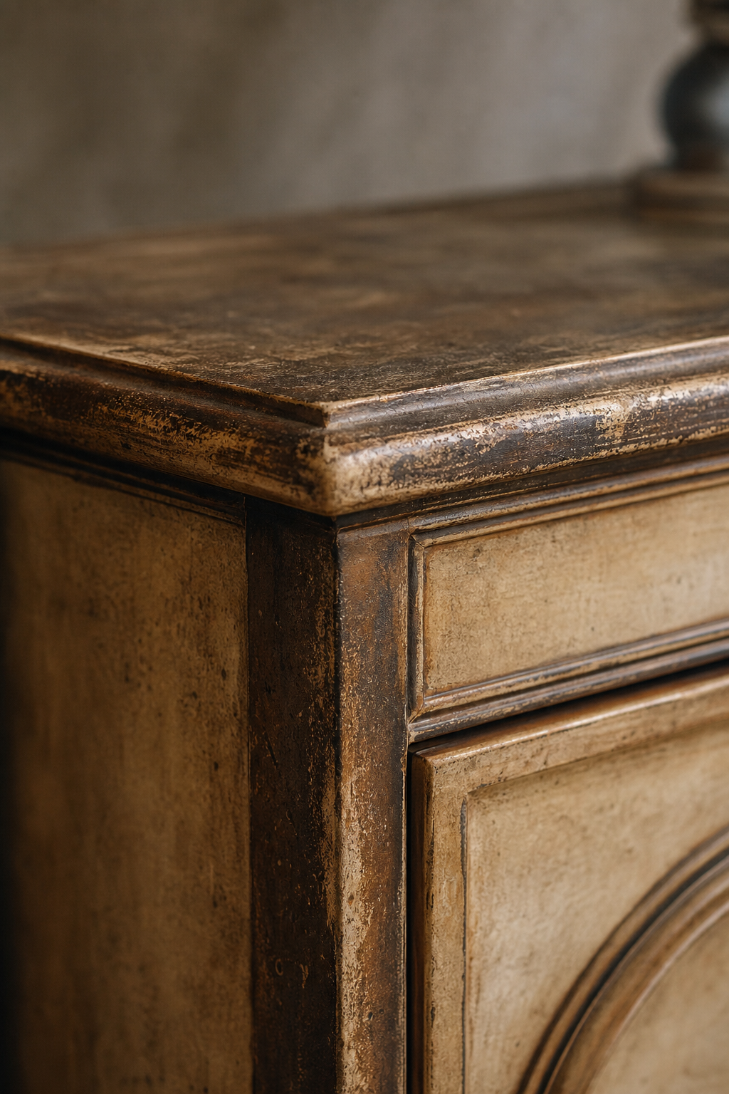 Macro view of rounded furniture edge showing hand-worn glazing and softened transition tones