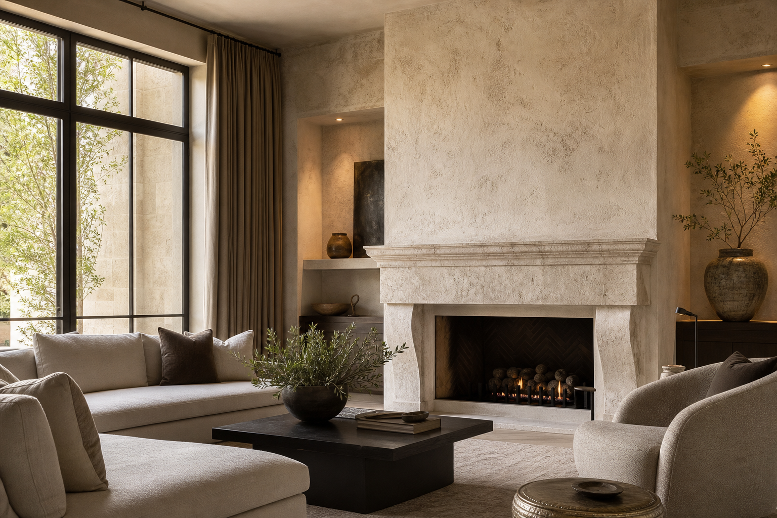 Wide luxury living room with a hand-finished limestone fireplace surround as the architectural focal point