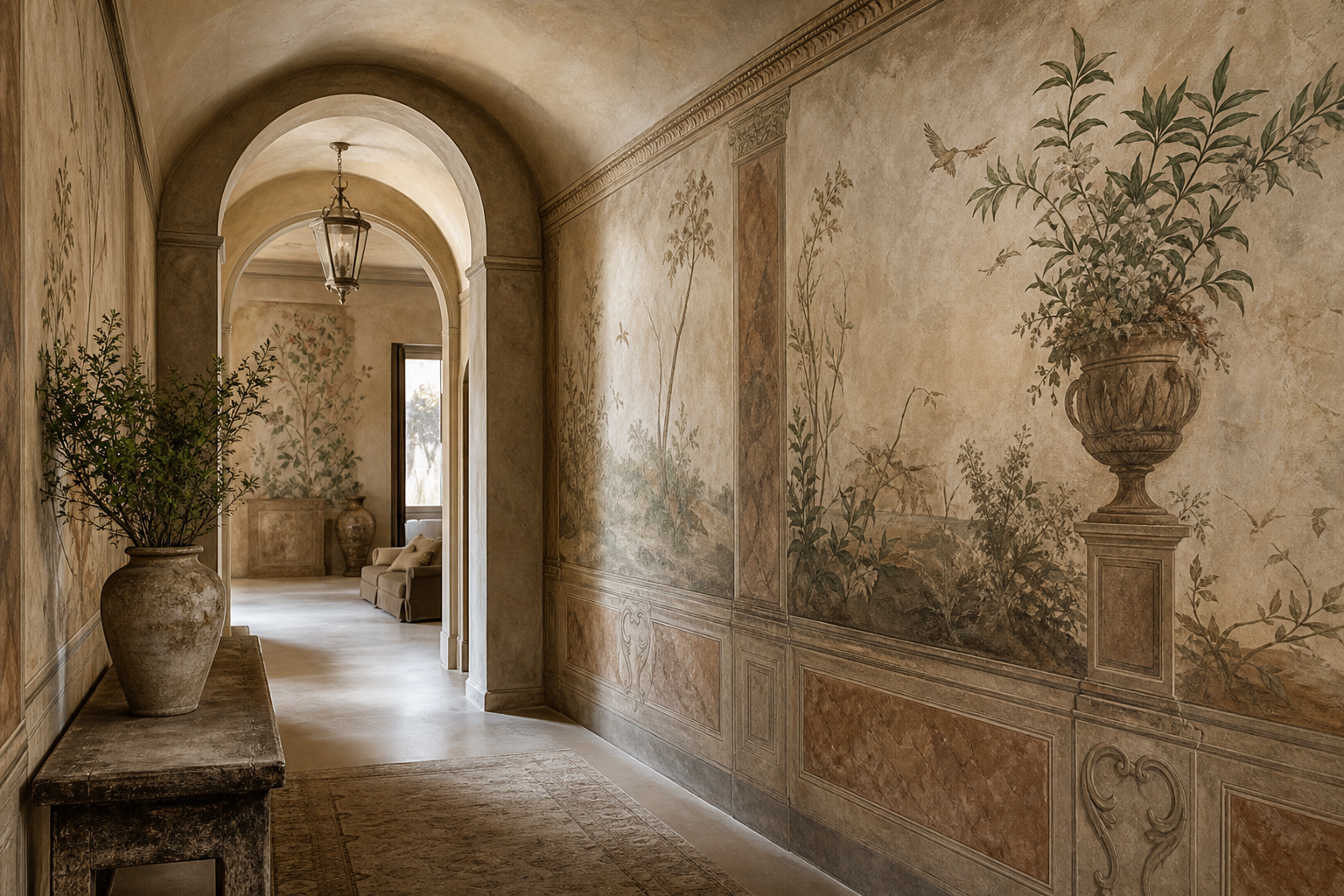 Fresco wall artwork in an architectural hallway with hand-painted botanical motif and softly weathered mineral tones
