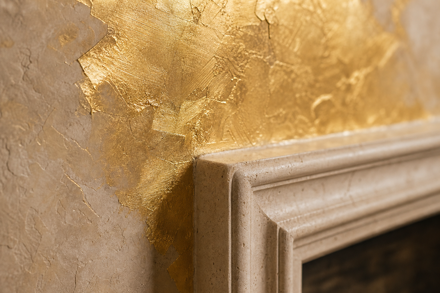 Close-up of warm gold leaf application layered over textured plaster detail