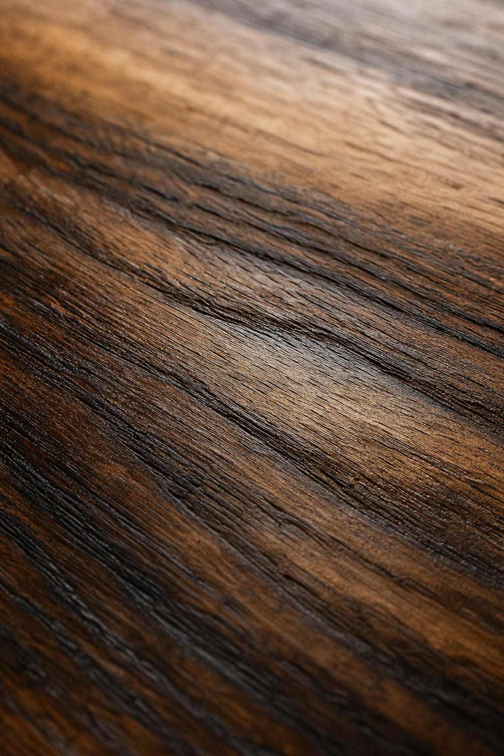 Close-up of open wood grain showing translucent layered stain and hand-burnished wax texture