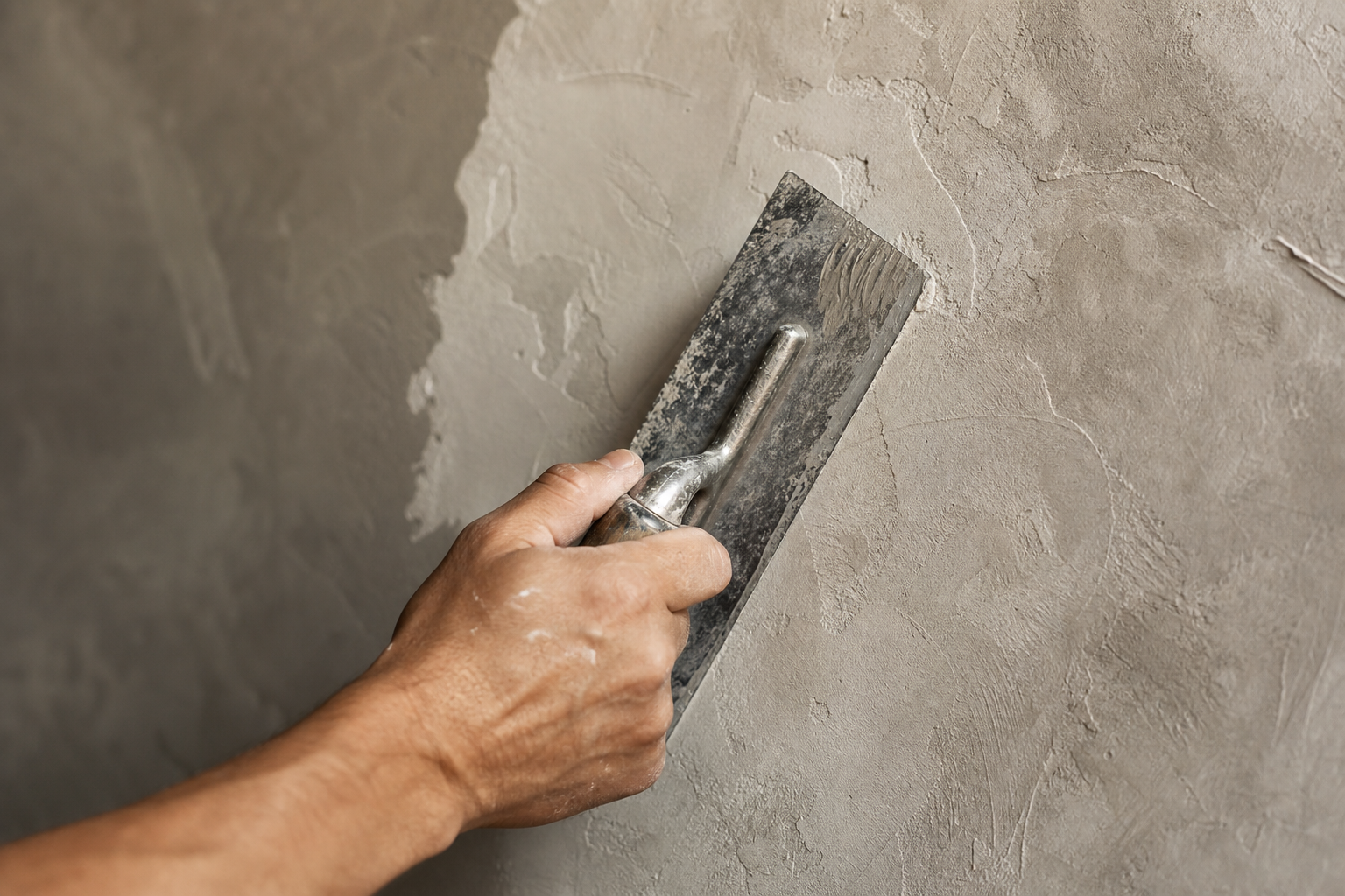 Close-up of a craftsperson hand troweling mineral plaster, revealing layered matte texture