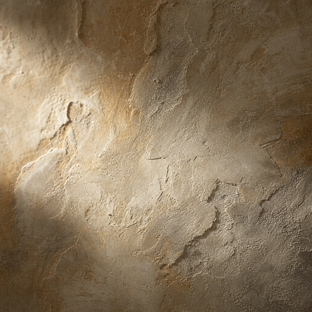 Macro detail of handcrafted plaster texture with layered mineral depth and artisan movement