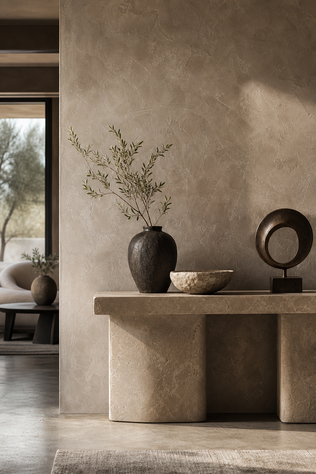 Elegant Venetian plaster accent wall behind sculptural decor in a modern interior