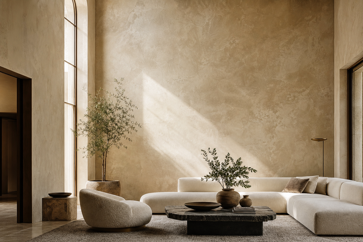 Luxury living room with soft natural light and expansive Venetian plaster walls in warm stone tones