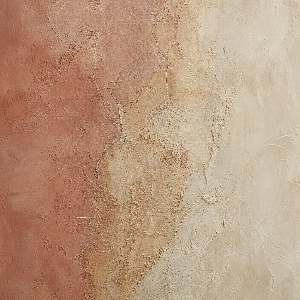 Macro detail of layered artisan plaster in rose clay and mineral beige, showing nuanced tonal transitions