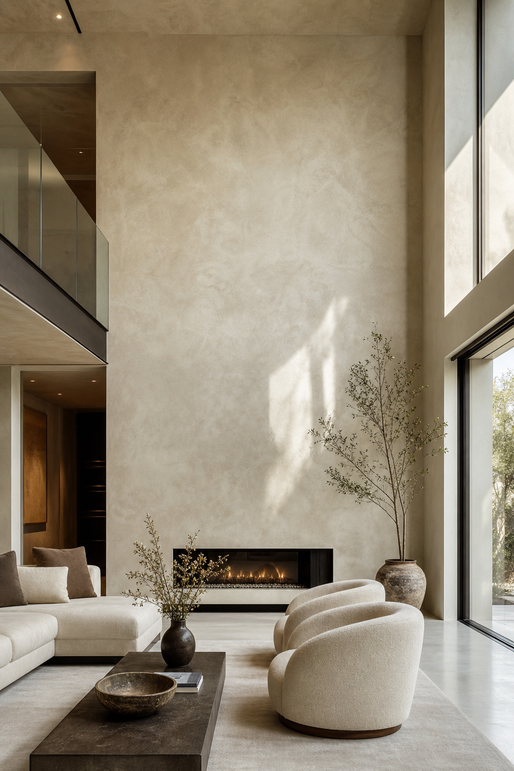 Soft ivory Marmorino feature wall in a tall double-height living space with sculpted shadows