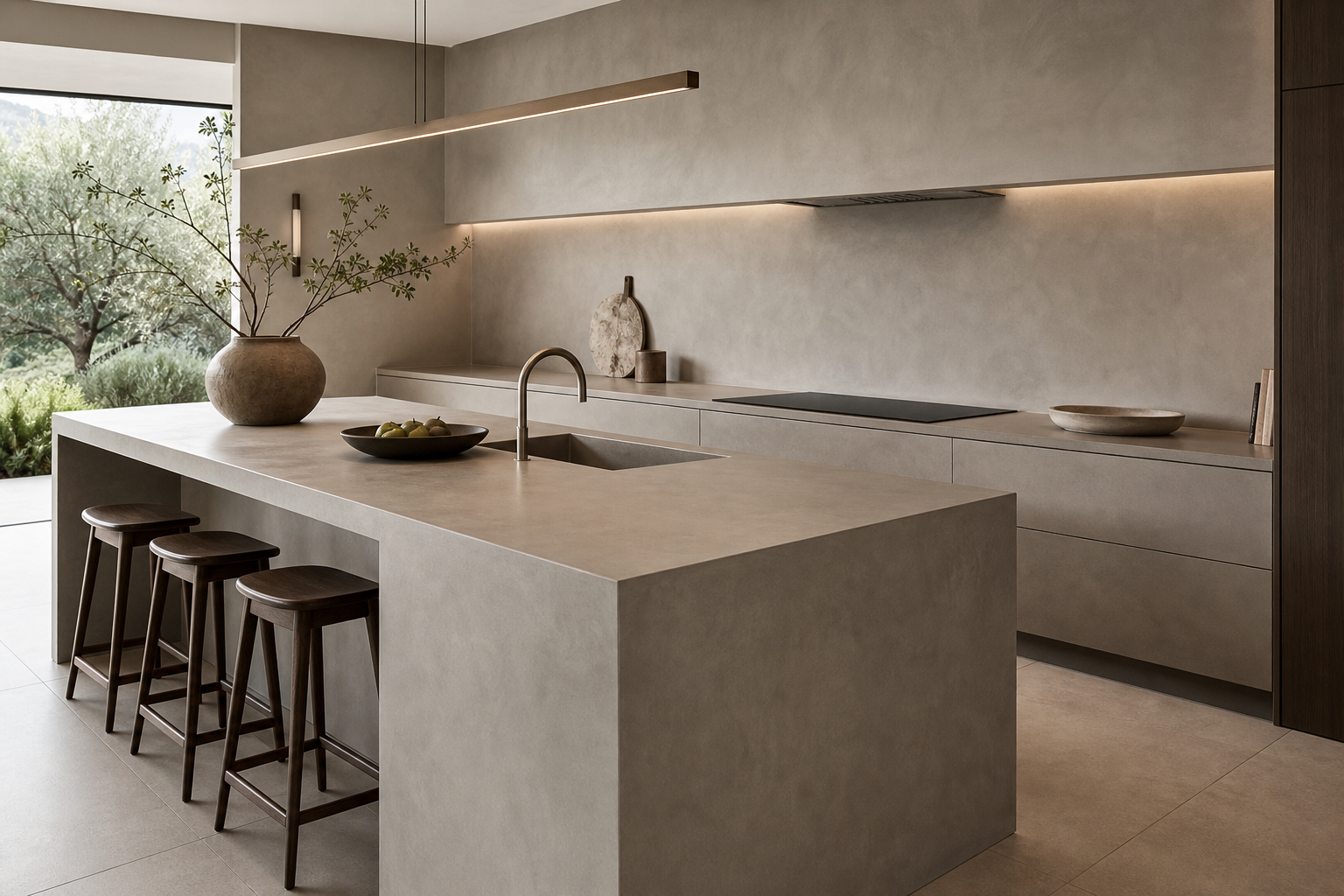 Warm gray microcement kitchen island and backsplash with clean monolithic planes