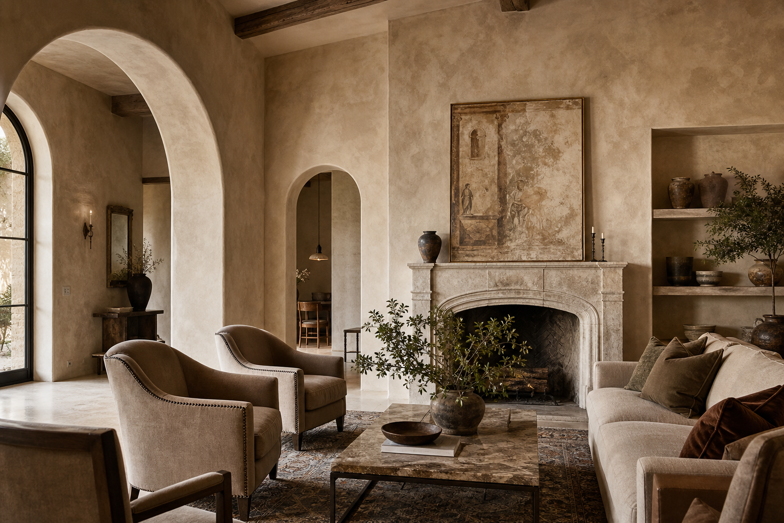 Old world European-style living room with hand-finished lime walls, arched openings, and warm layered plaster tones