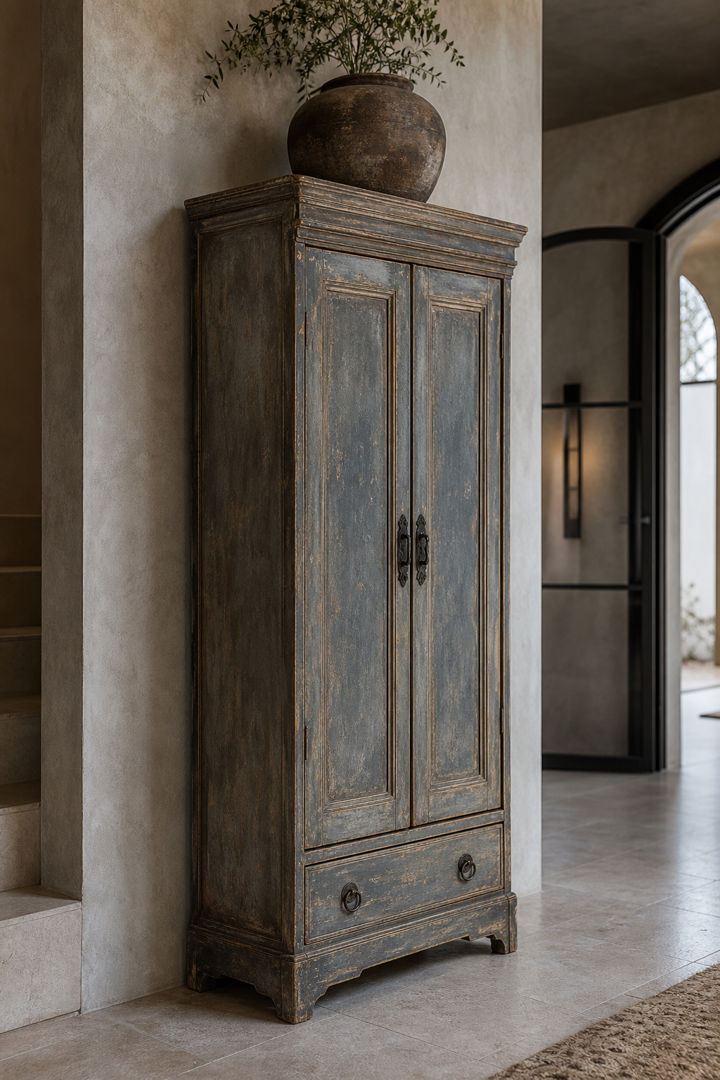 Tall wood cabinet with layered grey-blue antiqued patina and softened edges