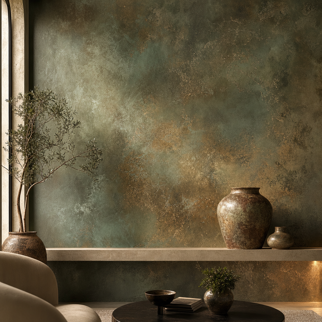 Patina wall finish in muted green and bronze tones with clouded oxidation effects and velvety sheen