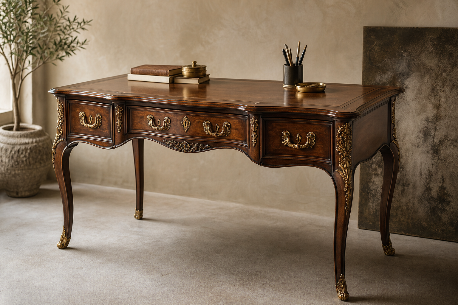 Restored antique writing desk with repaired veneer, renewed finish, and preserved carved detailing