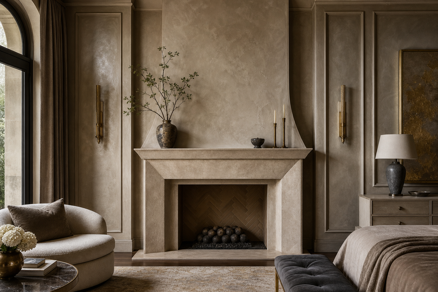 Refined suite interior featuring a sculptural decorative fireplace surround in soft mineral tones