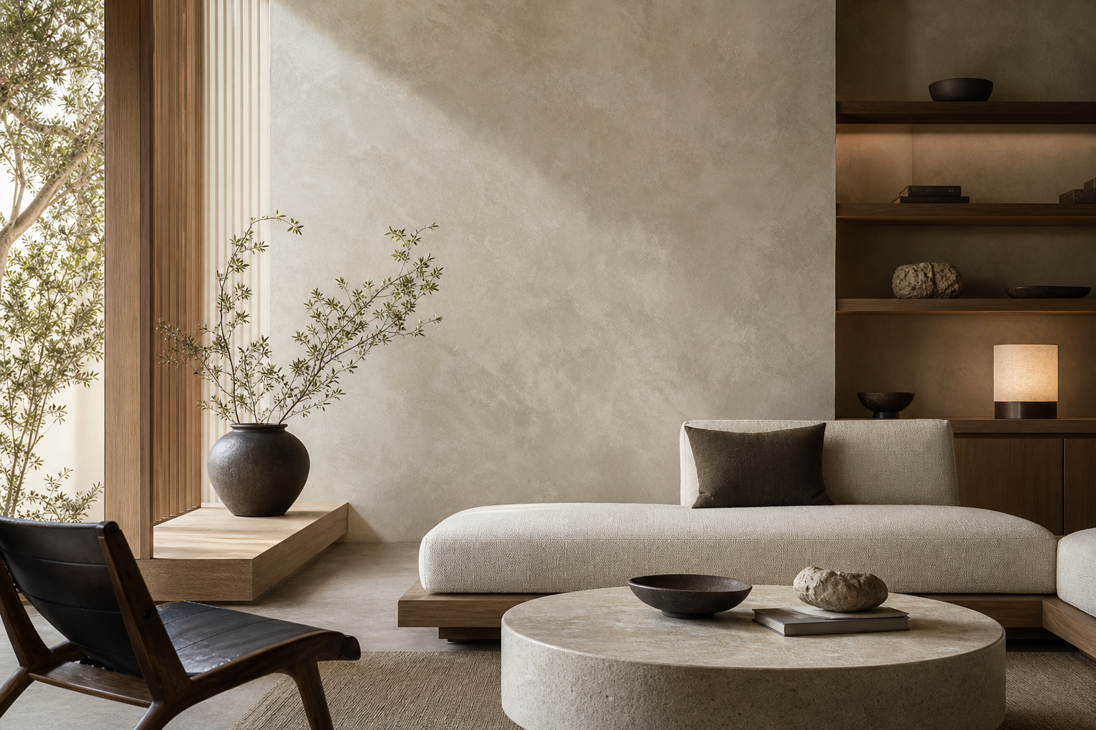 Serene modern lounge with smooth matte mineral walls, oak accents, and soft daylight