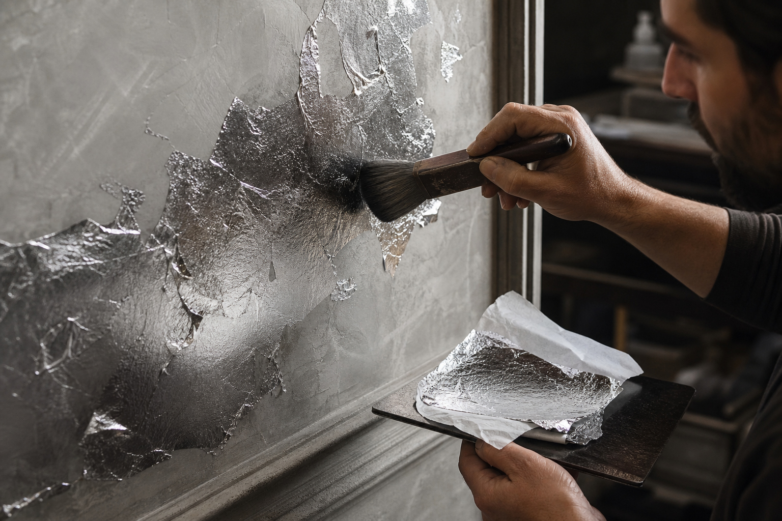 Silver leaf being hand-burnished onto a smooth artisan surface with specialist tools