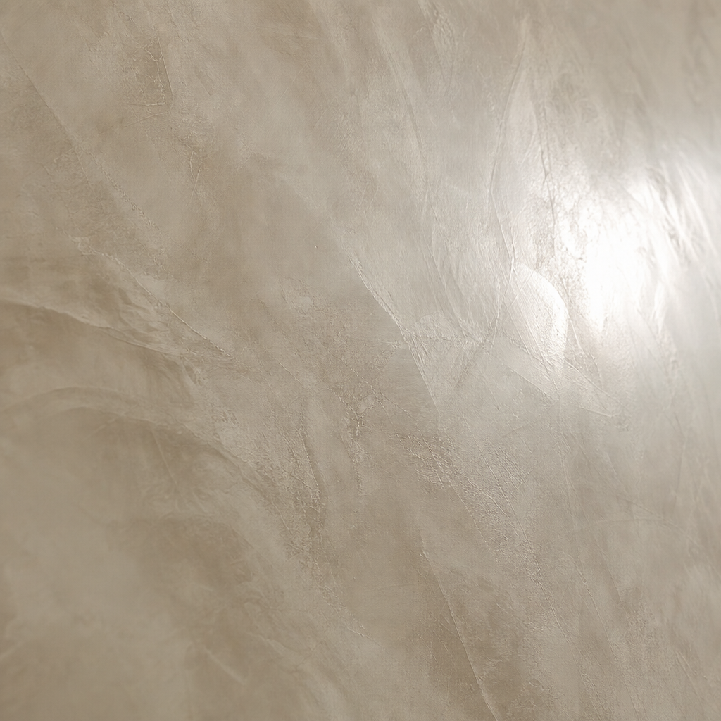 Close-up of smooth polished Venetian plaster with satin sheen and delicate mineral variation