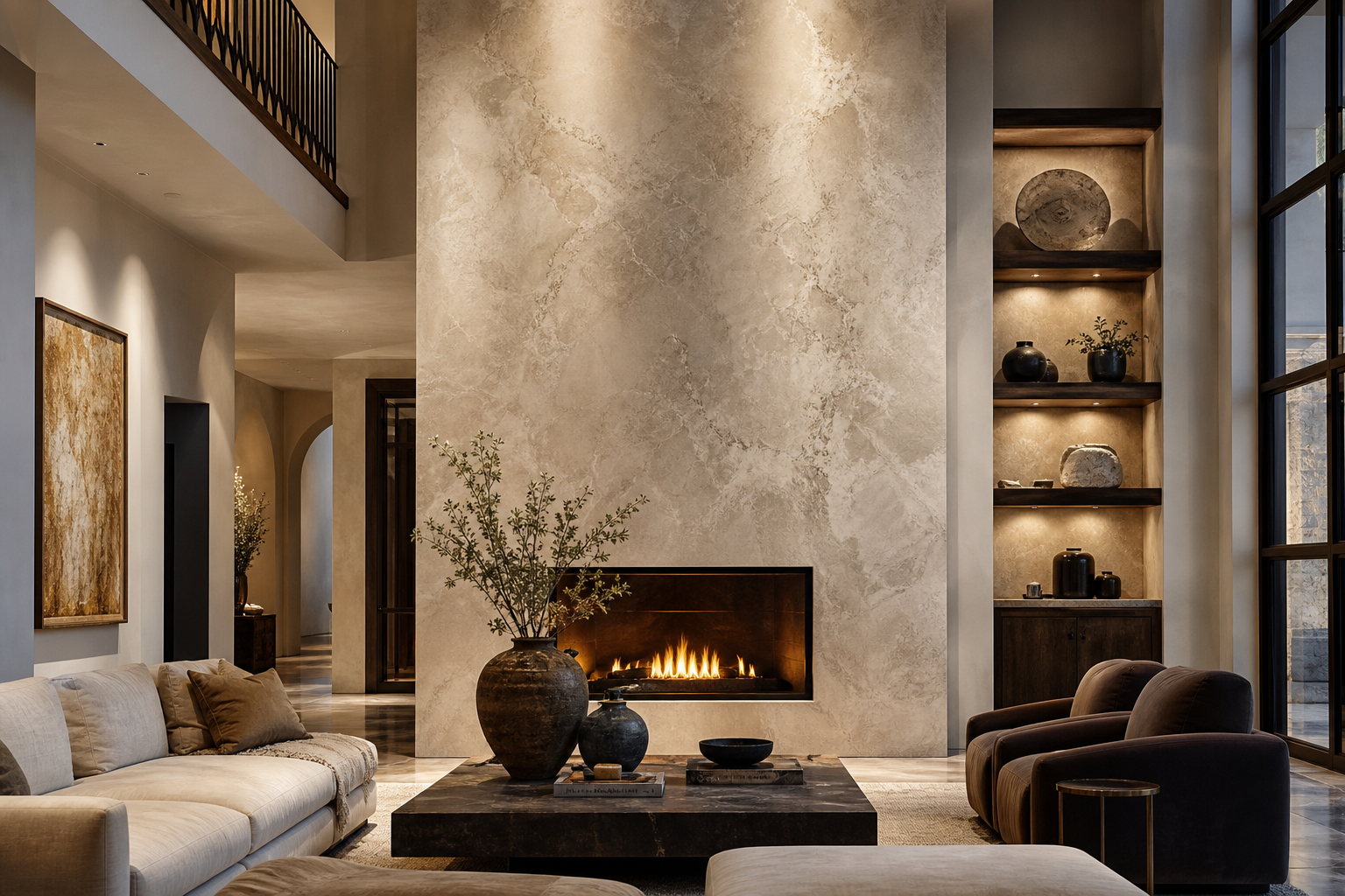 Grand contemporary interior where a custom finished fireplace wall acts as the visual focal point