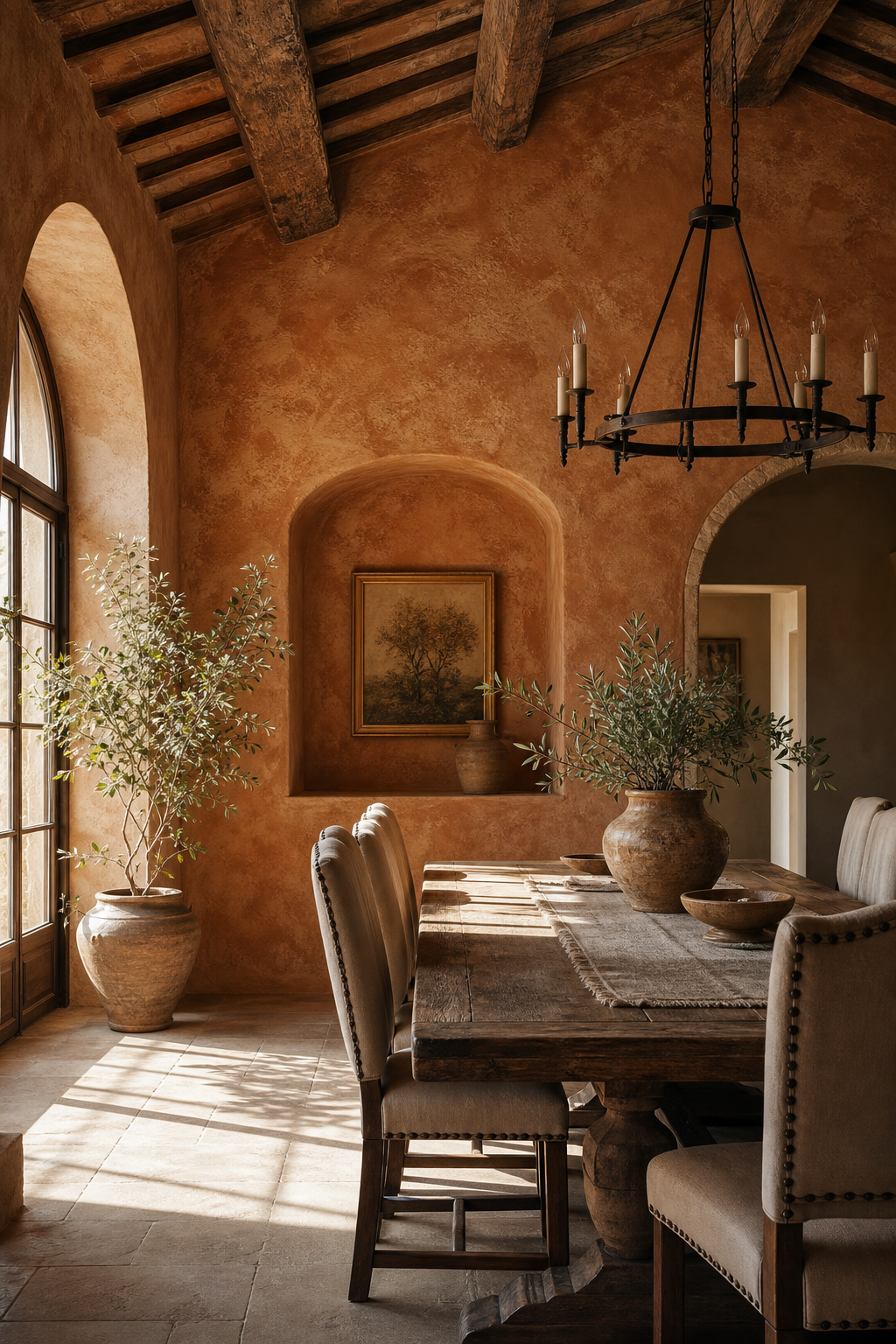 Tuscan-style interior with sunlit dining area, textured plaster walls, rustic beams, and earthy ochre palette