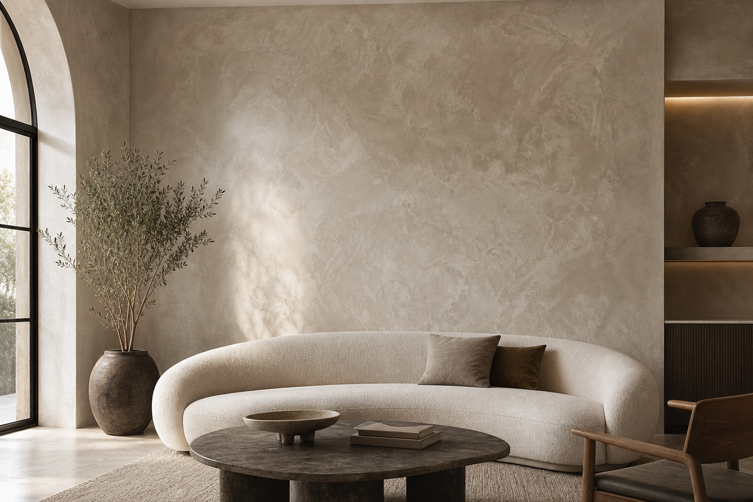 Elegant Venetian plaster accent wall behind a sculptural sofa with subtle tonal movement