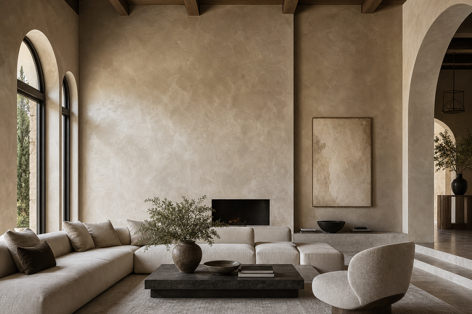 Luxury living room with expansive Venetian plaster walls in warm neutral tones and refined contemporary furnishings