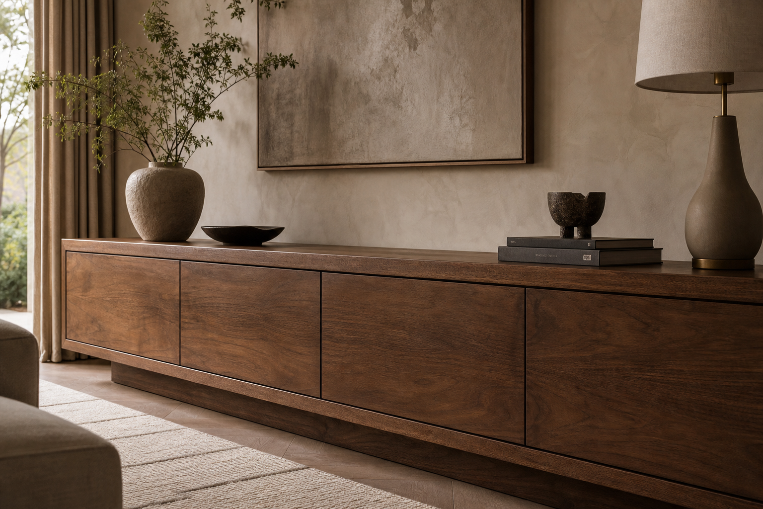 Refinished walnut console table with matte hand-rubbed finish in a calm luxury living room